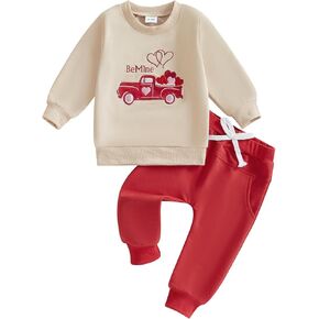 Toddler Baby Boy Valentines Day Outfit Embroidery Long Sleeve Sweatshirt and Pants Set Infant Fall Winter Clothes