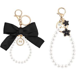 2Pcs Cute Lily Sakura Flower Keychains Wristlet for Women, Pearl Key Chains for Car Keys Bow Keychain Accessories