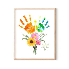 Poranlem Baby Handprint Craft Art DIY Floral Bouquet Kids Birthday Activity Children Toddler Keepsake Mother's Day Grandma Flower Painting Gift Family Holiday Celebration Wood Color (Scroll)