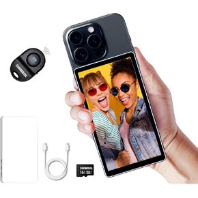 CP5 5" 1080P Selfie Monitor Screen for iPhone Andriod Cellphone, Phone Vlog Back Rear Camera Mirror with TochScreen, Bluetooth Remote Control, Magnetic White Case