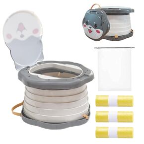Travel Potty for Toddlers，Portable Potty Toddler ，Travel Foldable Potty ，for Travel，Camping，Park，Indoor/Outdoor,with 75 Disposable Bags，Cartoon Design, Children Will Like it More (Grey)