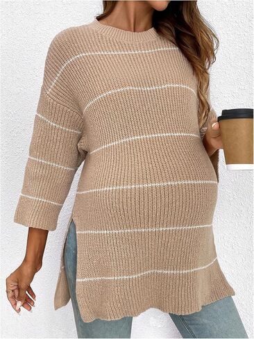 Women's Maternity Striped Split Side Sweaters Drop Shoulder Long Sleeve Casual Pullover Tops Knitwear in Saudi Arabia