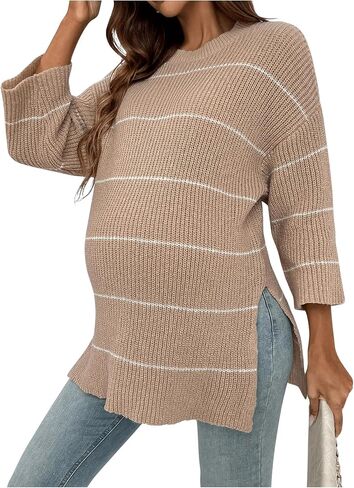 Women's Maternity Striped Split Side Sweaters Drop Shoulder Long Sleeve Casual Pullover Tops Knitwear in Saudi Arabia