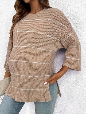 Women's Maternity Striped Split Side Sweaters Drop Shoulder Long Sleeve Casual Pullover Tops Knitwear in Saudi Arabia