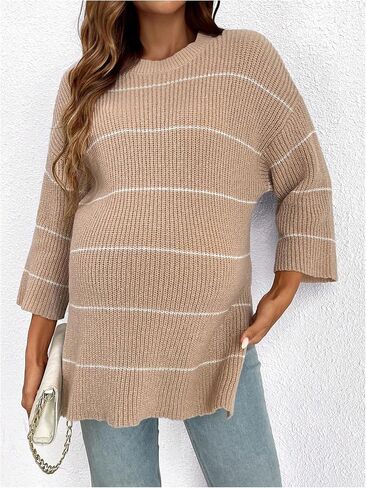 Women's Maternity Striped Split Side Sweaters Drop Shoulder Long Sleeve Casual Pullover Tops Knitwear in Saudi Arabia