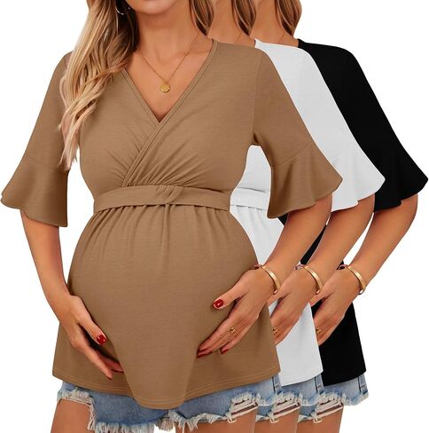 Ficerd 3 Pack قمصان الأمومة النسائية ، قمم التمريض قصيرة الأكمام الكشكش V الرقبة الرضاعة الطبيعية المحملات الحمل غير الرسمية in Kuwait