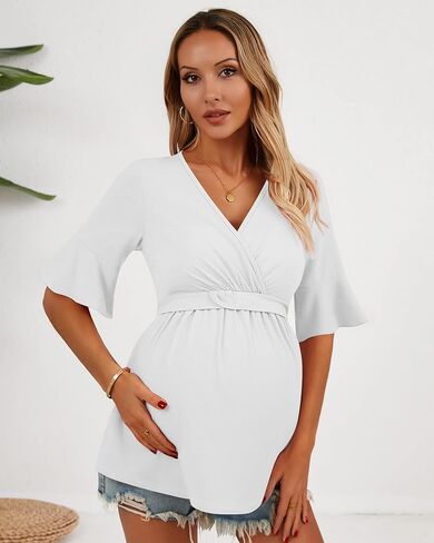 Ficerd 3 Pack قمصان الأمومة النسائية ، قمم التمريض قصيرة الأكمام الكشكش V الرقبة الرضاعة الطبيعية المحملات الحمل غير الرسمية in Kuwait