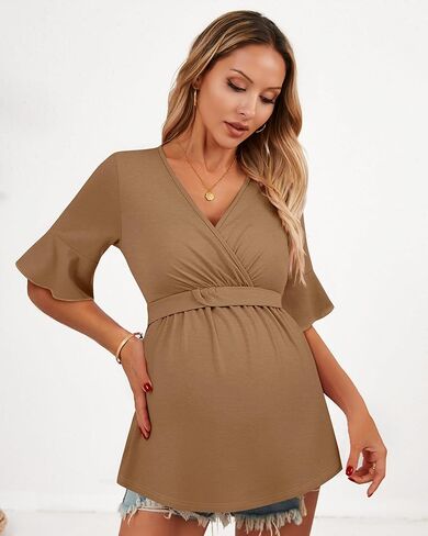 Ficerd 3 Pack قمصان الأمومة النسائية ، قمم التمريض قصيرة الأكمام الكشكش V الرقبة الرضاعة الطبيعية المحملات الحمل غير الرسمية in Kuwait