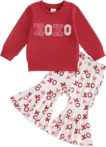 Toddler Baby Girl Valentines Day Outfit Letter Embroidery Crewneck Sweatshirt Top Heart Flare Pants Clothes Set in Kuwait