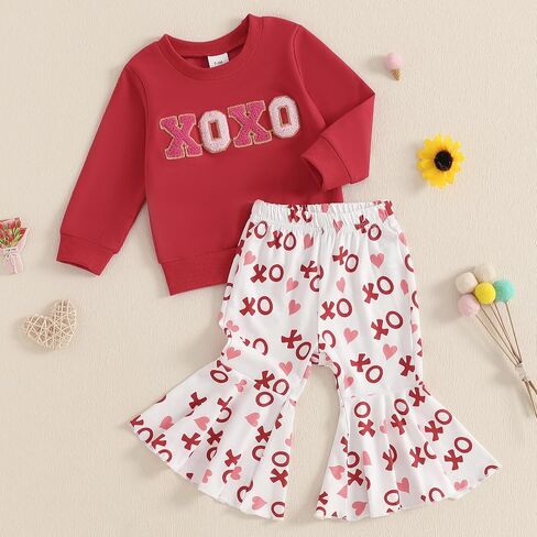 Toddler Baby Girl Valentines Day Outfit Letter Embroidery Crewneck Sweatshirt Top Heart Flare Pants Clothes Set in Kuwait