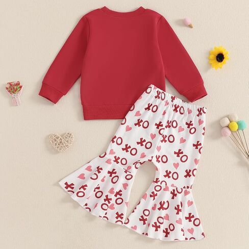 Toddler Baby Girl Valentines Day Outfit Letter Embroidery Crewneck Sweatshirt Top Heart Flare Pants Clothes Set in Kuwait