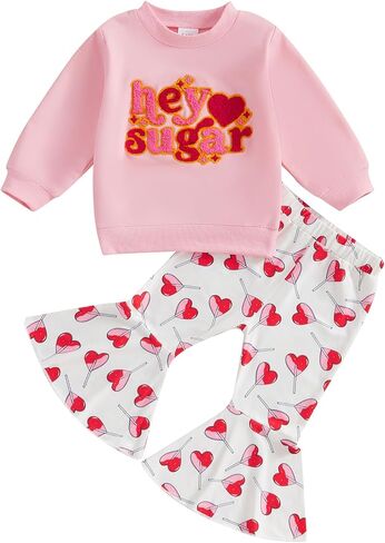 Toddler Baby Girl Valentines Day Outfit Letter Embroidery Crewneck Sweatshirt Top Heart Flare Pants Clothes Set in Kuwait