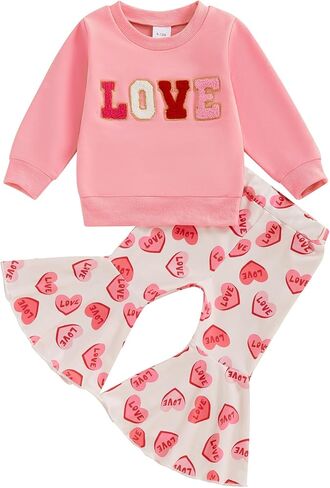Toddler Baby Girl Valentines Day Outfit Letter Embroidery Crewneck Sweatshirt Top Heart Flare Pants Clothes Set in Kuwait