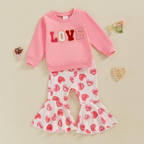 Toddler Baby Girl Valentines Day Outfit Letter Embroidery Crewneck Sweatshirt Top Heart Flare Pants Clothes Set in Kuwait