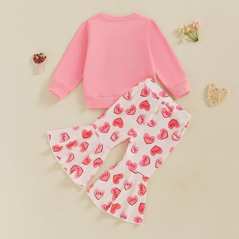 Toddler Baby Girl Valentines Day Outfit Letter Embroidery Crewneck Sweatshirt Top Heart Flare Pants Clothes Set in Kuwait