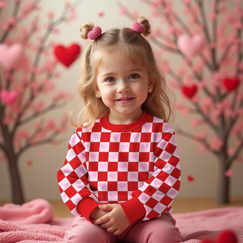 BOUTIKOME Toddler Baby Girl Valentines Day Sweatshirts Heart Shirts Plaid Long Sleeve Crewneck Pullover Top Clothes 1-6T in Saudi Arabia