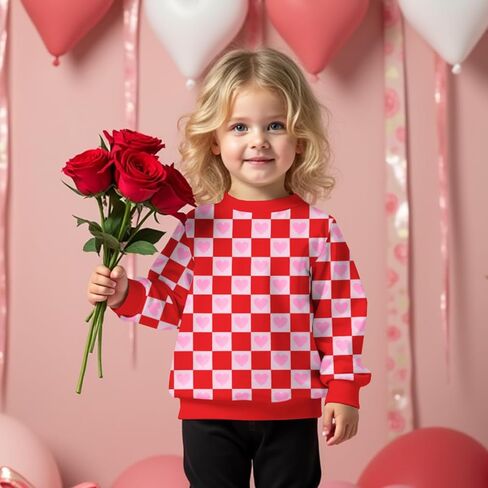 BOUTIKOME Toddler Baby Girl Valentines Day Sweatshirts Heart Shirts Plaid Long Sleeve Crewneck Pullover Top Clothes 1-6T in Saudi Arabia