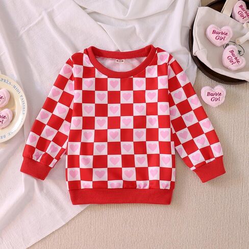 BOUTIKOME Toddler Baby Girl Valentines Day Sweatshirts Heart Shirts Plaid Long Sleeve Crewneck Pullover Top Clothes 1-6T in Saudi Arabia