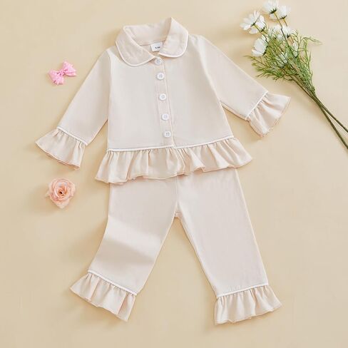 Sayoo Toddler Baby Girls Christmas Valentines Pajamas مجموعة Frill Trim Trim Shend Hend Button أسفل السراويل 2pcs ملابس النوم in Kuwait