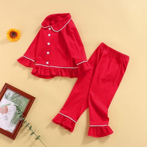 Sayoo Toddler Baby Girls Christmas Valentines Pajamas مجموعة Frill Trim Trim Shend Hend Button أسفل السراويل 2pcs ملابس النوم in Kuwait