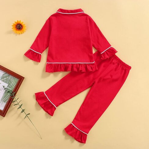Sayoo Toddler Baby Girls Christmas Valentines Pajamas مجموعة Frill Trim Trim Shend Hend Button أسفل السراويل 2pcs ملابس النوم in Kuwait