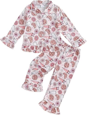 Sayoo Toddler Baby Girls Christmas Valentines Pajamas مجموعة Frill Trim Trim Shend Hend Button أسفل السراويل 2pcs ملابس النوم in Kuwait