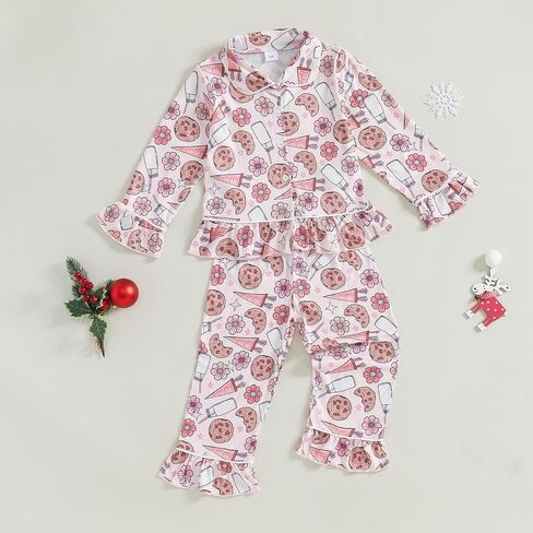 Sayoo Toddler Baby Girls Christmas Valentines Pajamas مجموعة Frill Trim Trim Shend Hend Button أسفل السراويل 2pcs ملابس النوم in Kuwait