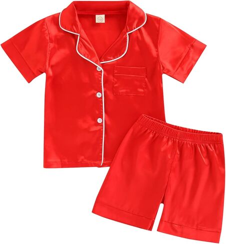 Multitrust Baby Girls Boys Silk Pajamas Set Solid Short Sleeve Button Down Shirts Tops and Shorts Infant Satin Pj Lounge Sets in Kuwait