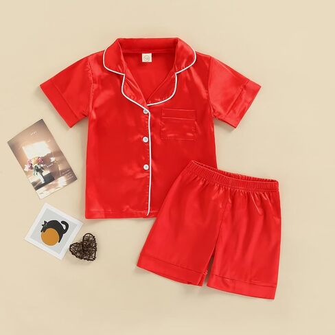 Multitrust Baby Girls Boys Silk Pajamas Set Solid Short Sleeve Button Down Shirts Tops and Shorts Infant Satin Pj Lounge Sets in Kuwait