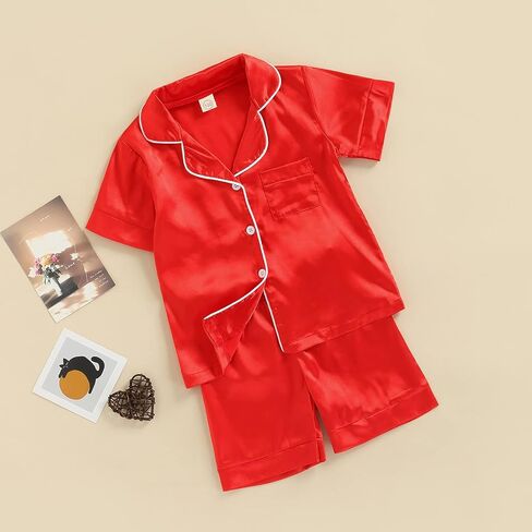 Multitrust Baby Girls Boys Silk Pajamas Set Solid Short Sleeve Button Down Shirts Tops and Shorts Infant Satin Pj Lounge Sets in Kuwait