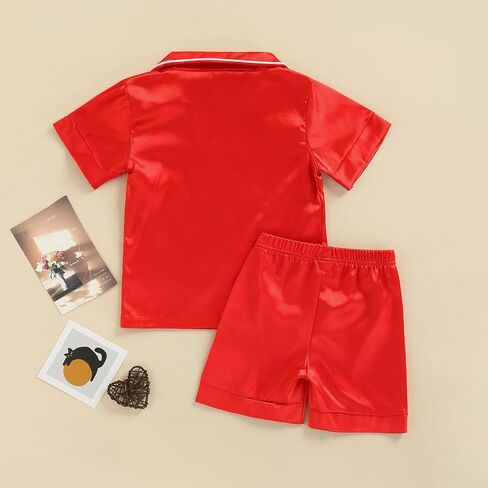 Multitrust Baby Girls Boys Silk Pajamas Set Solid Short Sleeve Button Down Shirts Tops and Shorts Infant Satin Pj Lounge Sets in Kuwait