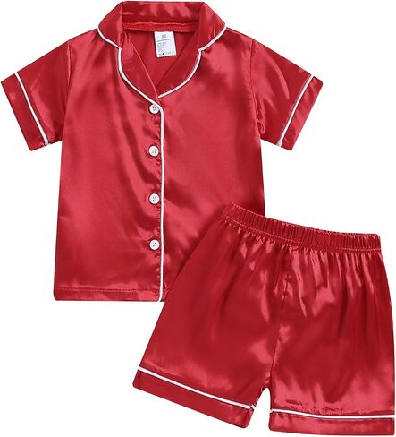 Multitrust Baby Girls Boys Silk Pajamas Set Solid Short Sleeve Button Down Shirts Tops and Shorts Infant Satin Pj Lounge Sets in Kuwait