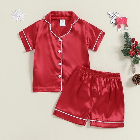 Multitrust Baby Girls Boys Silk Pajamas Set Solid Short Sleeve Button Down Shirts Tops and Shorts Infant Satin Pj Lounge Sets in Kuwait