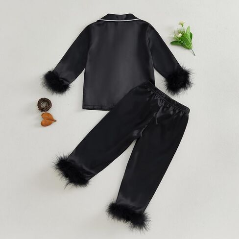 Toddler Girl Satin Silk Pajamas Button Down Feather Trim Fuzzy Shirt and Long Pants Little Girls Sleepwear Nightgown in Saudi Arabia