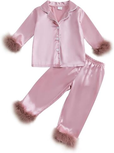 Toddler Girl Satin Silk Pajamas Button Down Feather Trim Fuzzy Shirt and Long Pants Little Girls Sleepwear Nightgown in Saudi Arabia