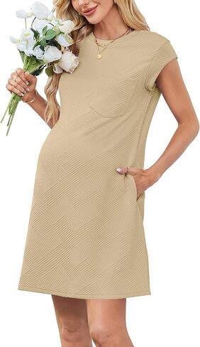OUGES Women's 2025 Spring Mini Maternity Dress Cap Sleeve Casual Loose Basic T Shirt Dresses with Pockets in Kuwait