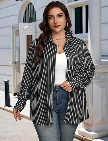 IN'VOLAND Womens Plus Size Button Down Shirt Striped Casual Shirt Long Sleeve Fall Blouse Collared Office Work Blouses Tops in Kuwait