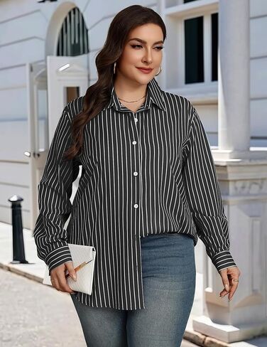 IN'VOLAND Womens Plus Size Button Down Shirt Striped Casual Shirt Long Sleeve Fall Blouse Collared Office Work Blouses Tops in Kuwait