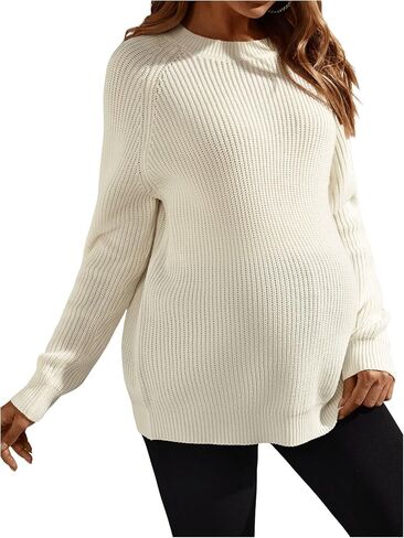 MakeMeChic Women's Maternity Sweater Long Sleeve Crew Neck Slit Hem Tie Side Pregnancy Knit Tops in Saudi Arabia