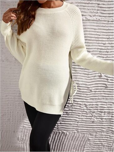MakeMeChic Women's Maternity Sweater Long Sleeve Crew Neck Slit Hem Tie Side Pregnancy Knit Tops in Saudi Arabia