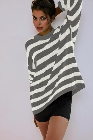 Poetsky Womens كبيرة الحجم مخطط Batwing الطويل الأكمام كابل كابل متماسكة سقوط سقوط سقوط السقوط in Kuwait