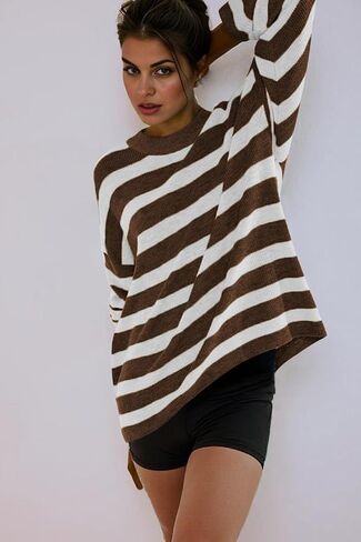 Poetsky Womens Oversized Striped Batwing Long Sleeve Crewneck Cable Knit Spring Fall Pullover Sweaters in Saudi Arabia