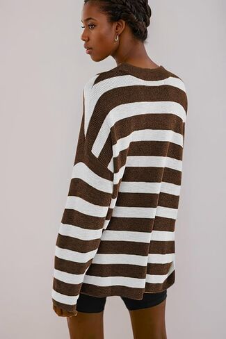 Poetsky Womens Oversized Striped Batwing Long Sleeve Crewneck Cable Knit Spring Fall Pullover Sweaters in Saudi Arabia