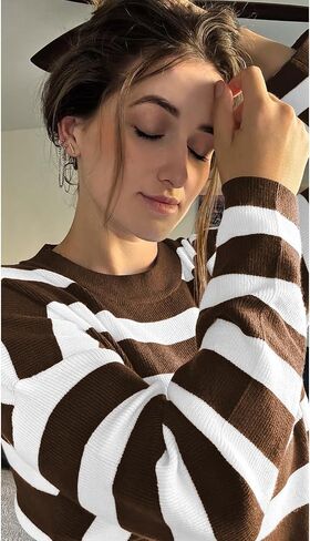 Poetsky Womens Oversized Striped Batwing Long Sleeve Crewneck Cable Knit Spring Fall Pullover Sweaters in Saudi Arabia
