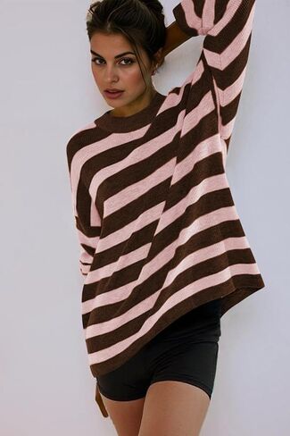 Poetsky Womens Oversized Striped Batwing Long Sleeve Crewneck Cable Knit Spring Fall Pullover Sweaters in Saudi Arabia