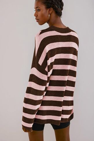 Poetsky Womens Oversized Striped Batwing Long Sleeve Crewneck Cable Knit Spring Fall Pullover Sweaters in Saudi Arabia