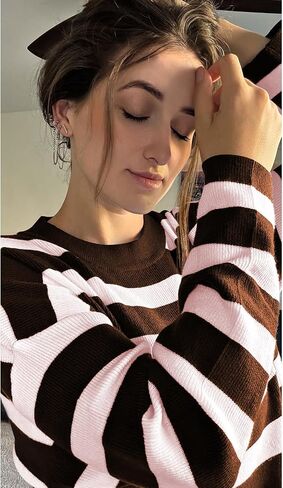 Poetsky Womens Oversized Striped Batwing Long Sleeve Crewneck Cable Knit Spring Fall Pullover Sweaters in Saudi Arabia