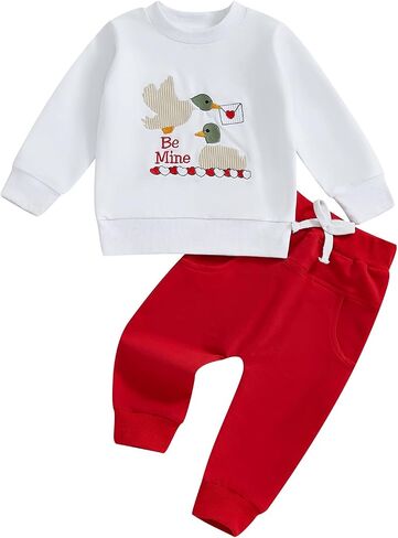 Toddler Baby Boy Valentines Day Outfit Embroidery Long Sleeve Sweatshirt and Pants Set Infant Fall Winter Clothes in Kuwait