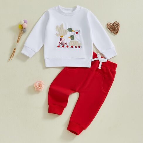 Toddler Baby Boy Valentines Day Outfit Embroidery Long Sleeve Sweatshirt and Pants Set Infant Fall Winter Clothes in Kuwait
