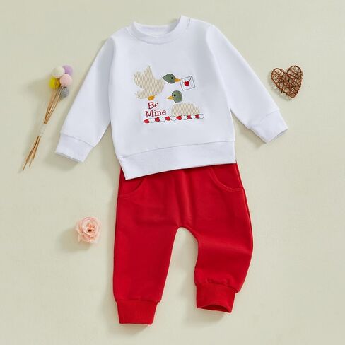 Toddler Baby Boy Valentines Day Outfit Embroidery Long Sleeve Sweatshirt and Pants Set Infant Fall Winter Clothes in Kuwait